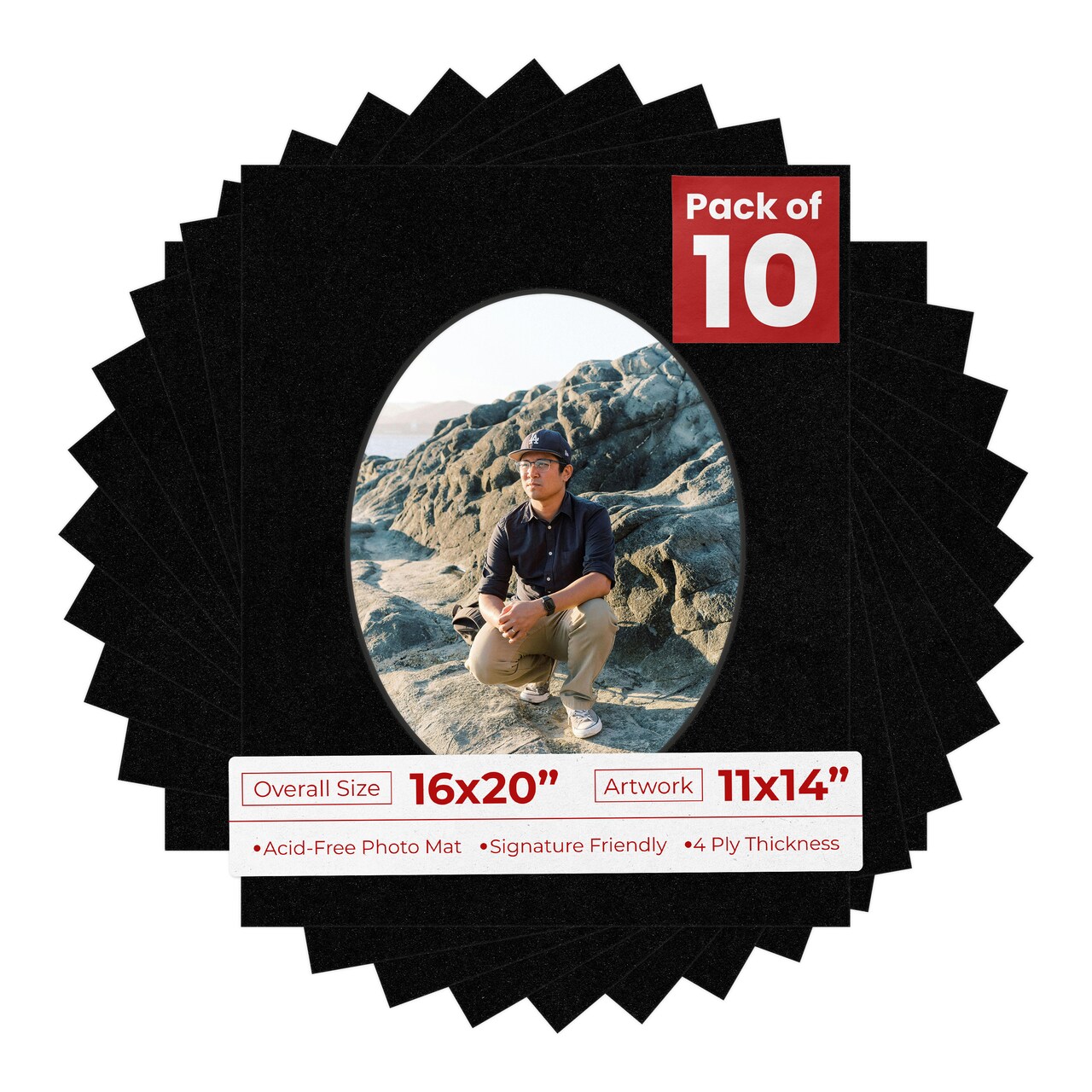 Black with Black Core Mat Board for 16x20 Frames - Oval Opening for 11x14 Photos